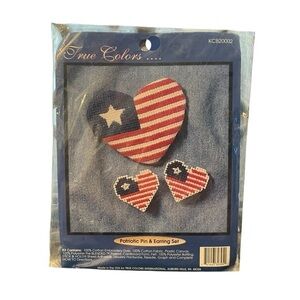 True Colors Cross Stitch Kit Patriotic Pin‎ and Earring Set Hearts USA Made NEW